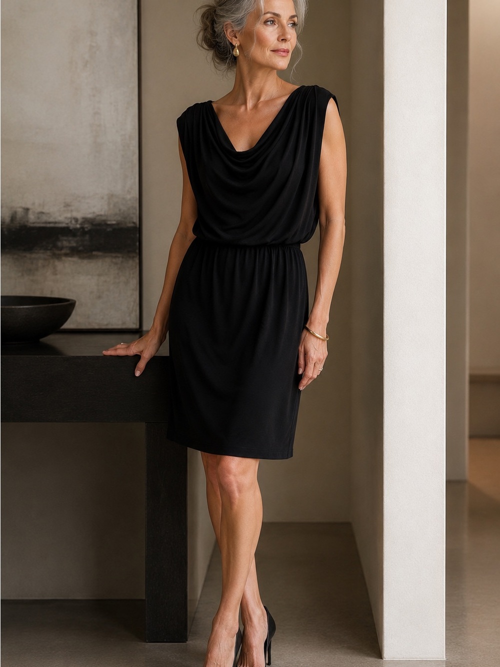 Carole Little Black Draped Cowl Neck Cocktail‎ Dress Open Back Size 10